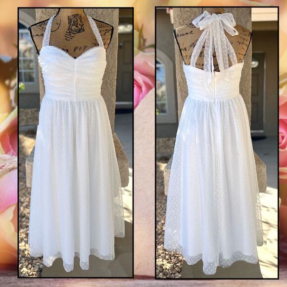 Lulus White Tulle Heart Dot Tie-Strap Luxe and Lovestruck Midi Dress Size S - Picture 7 of 10